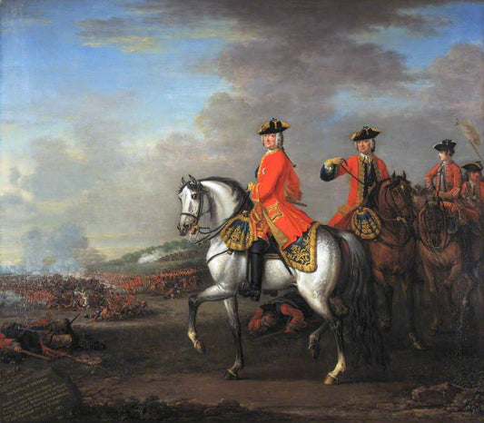 George II at the Battle of Dettingen, with the Duke of Cumberland and Robert, 4th Earl of Holderness, vintage artwork by John Wootton, 12x8" (A4) Poster