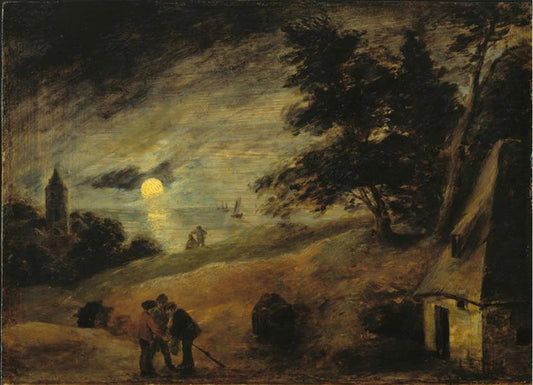 Dune Landscape by  Moonlight, vintage artwork by Adriaen Brouwer, 12x8" (A4) Poster