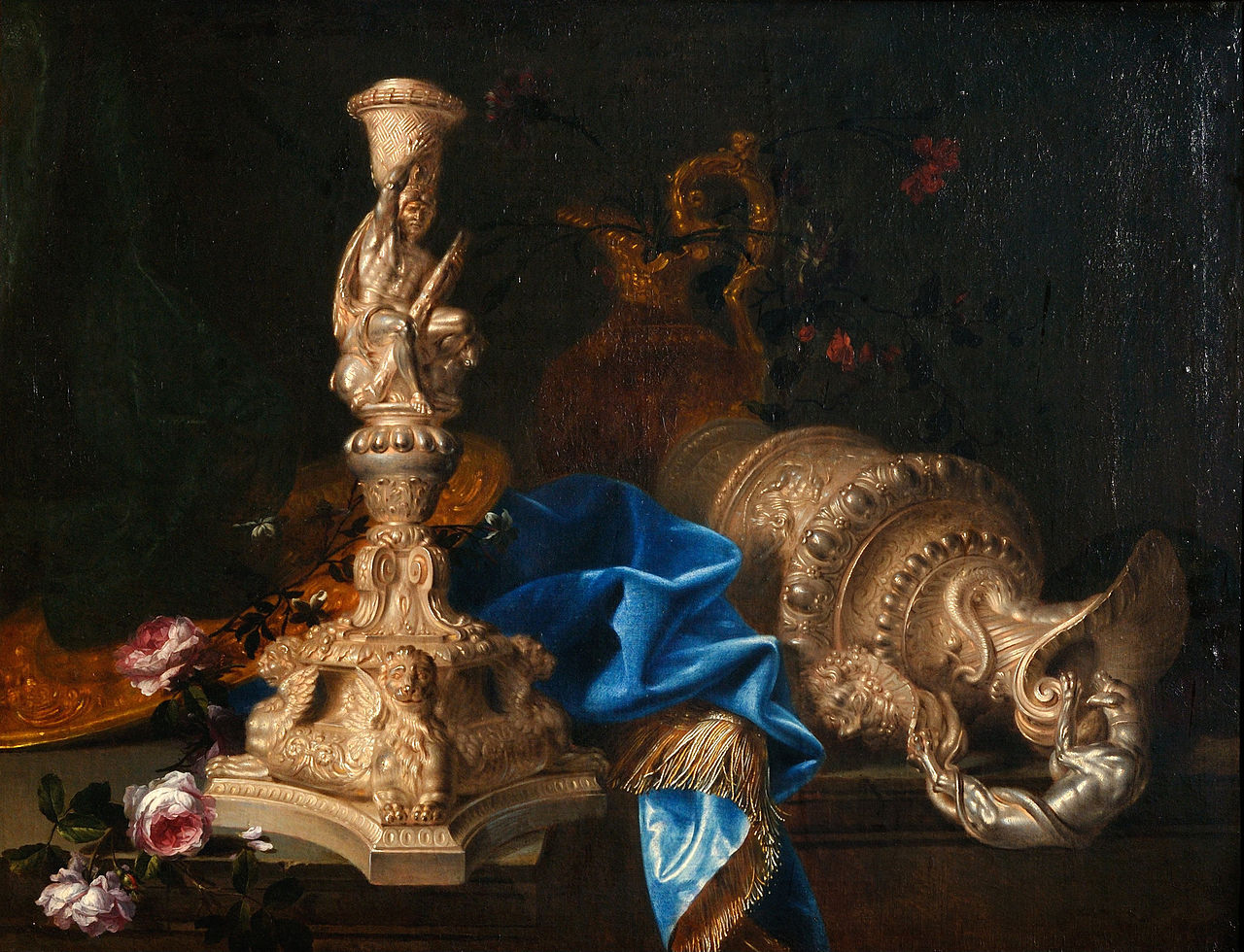 Still life with candlestick of the "Labours of Hercules" series and two ewers, vintage artwork by Meiffren Conte, 12x8" (A4) Poster