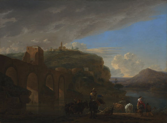 View of the Ponte Molle, Rome, vintage artwork by Jan Asselijn, 12x8" (A4) Poster