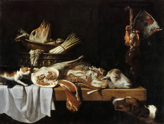 Meat from the Butcher with Dog and Cat, vintage artwork by Pieter van Boucle, 12x8" (A4) Poster