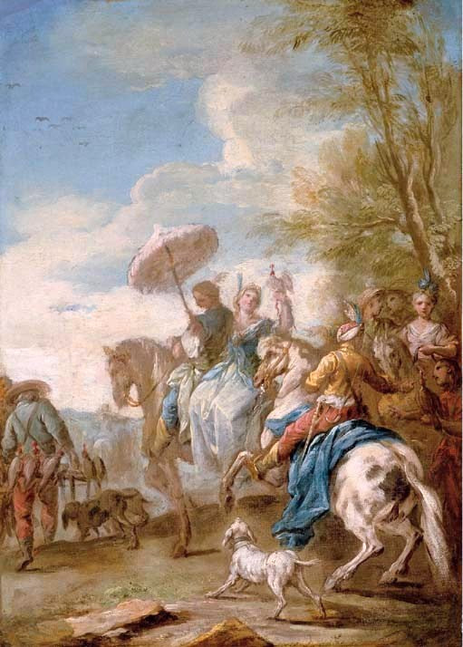 An Elegant Hawking Party (study), vintage artwork by Carle van Loo, 12x8" (A4) Poster