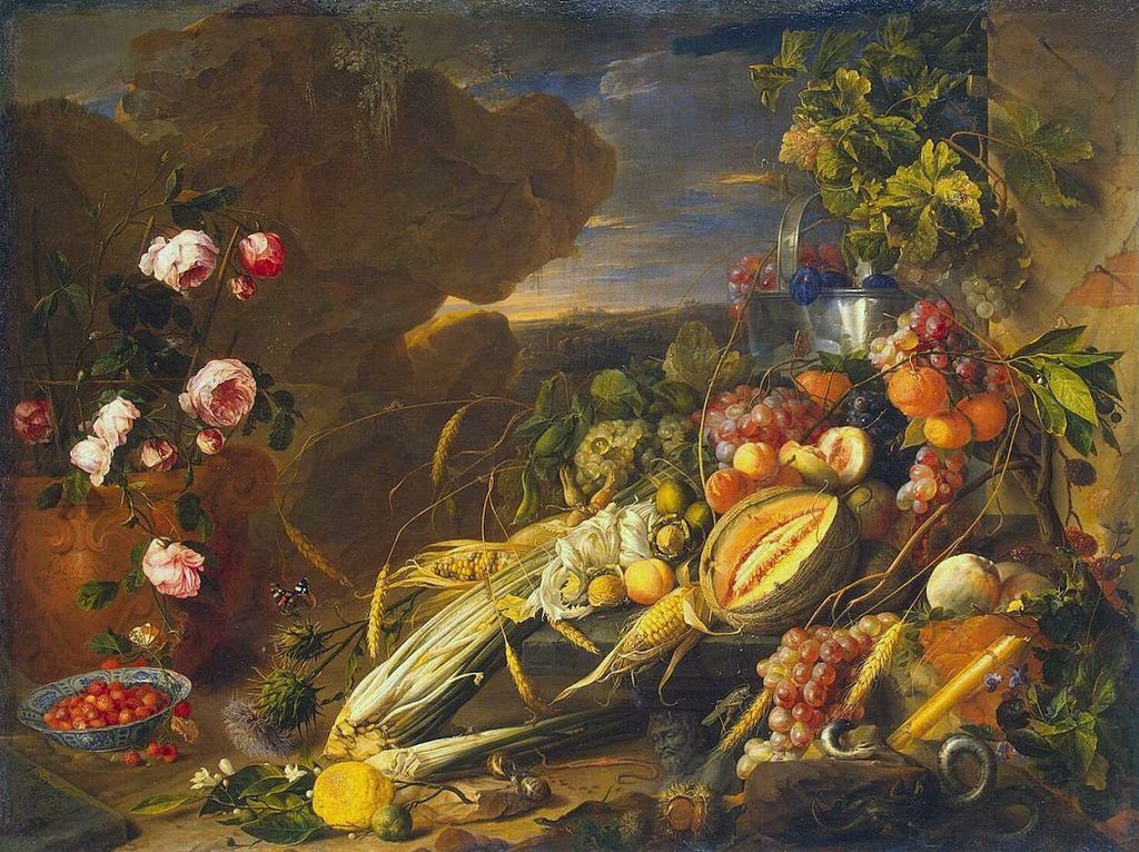 Still Life with Fruits and Flowers in a Lanscape, vintage artwork by Jan Davidsz. de Heem, 12x8" (A4) Poster