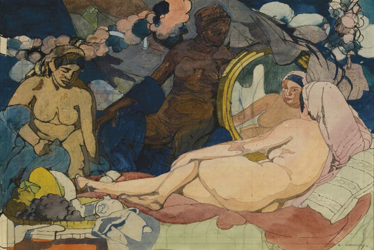 Reclining Woman before a Mirror, vintage artwork by Leon Cauvy, 12x8" (A4) Poster