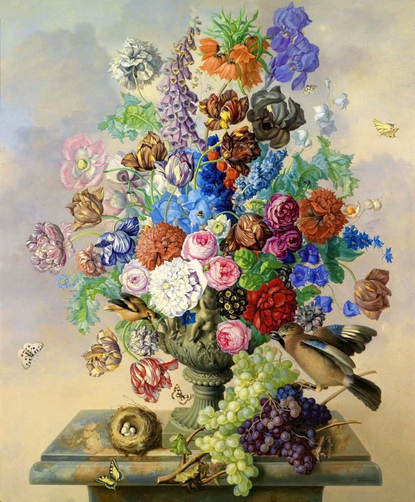 Still Life with Flowers and Birds, vintage artwork by Sebastian Wegmayr, 12x8" (A4) Poster