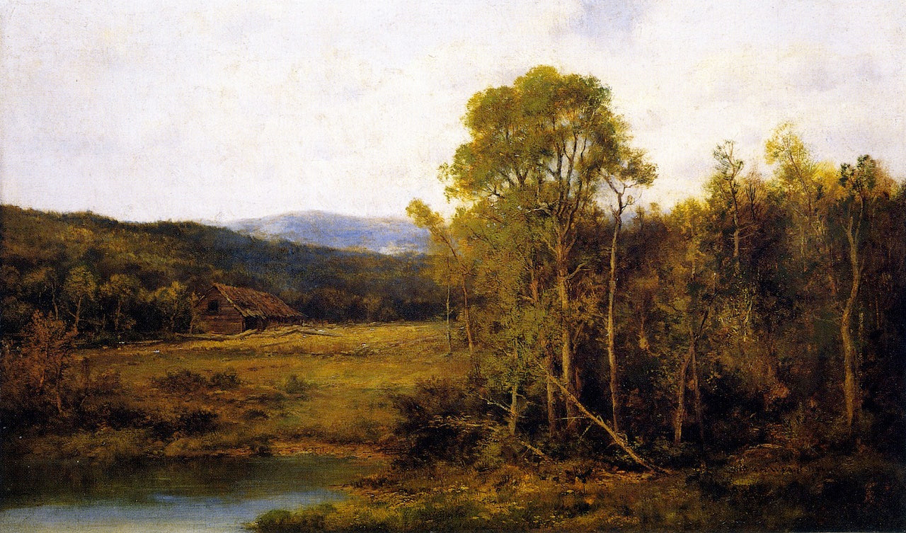 Landscape with Pond and Cabin, vintage artwork by Alexander Helwig Wyant, 12x8" (A4) Poster