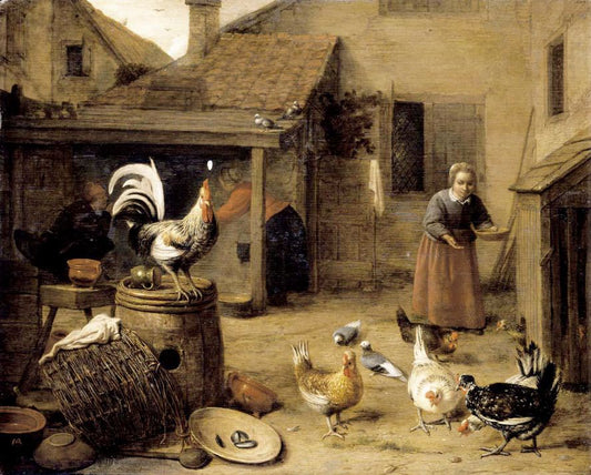 A Court with a Maid Feeding Hens, vintage artwork by Hendrik Martensz. Sorgh, 12x8" (A4) Poster