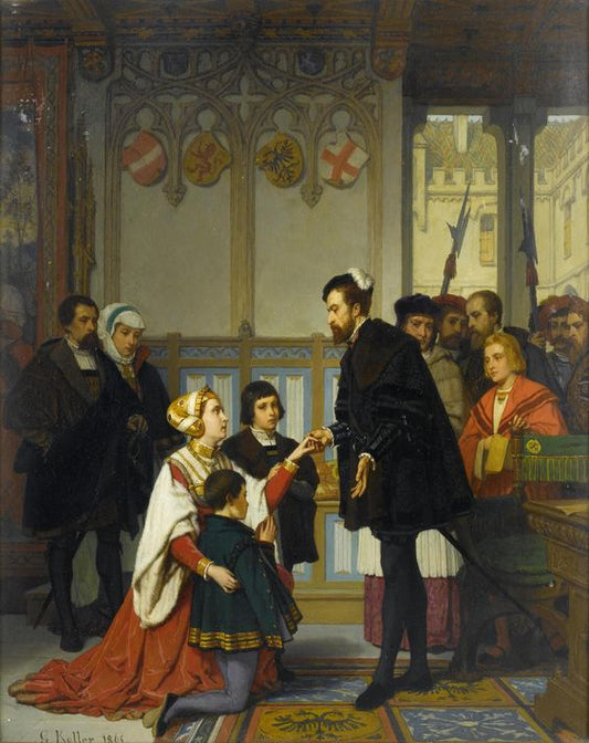 Philippine Welser seeking mercy from Ferdinand I, Holy Roman Emperor, vintage artwork by Wilhelm Koller, 12x8" (A4) Poster