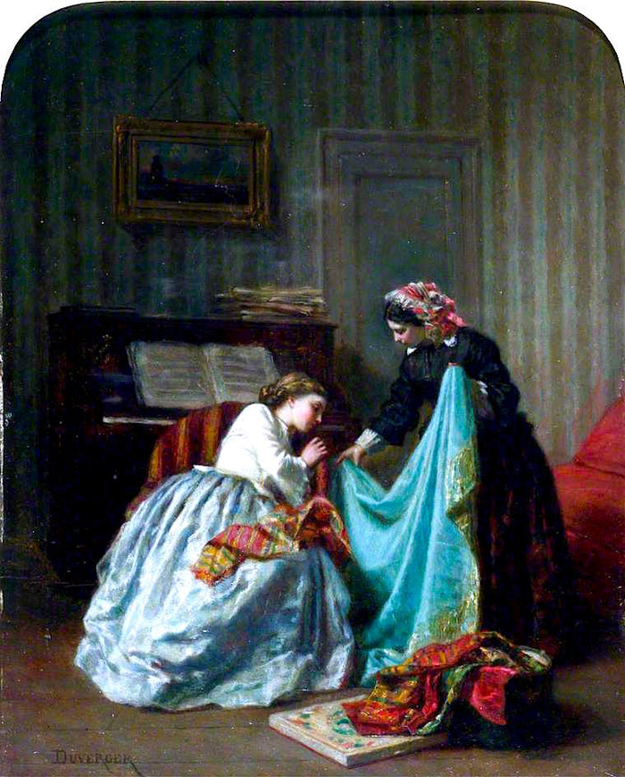 Interior with Two Women Examining Cloth, vintage artwork by Theophile-Emmanuel Duverger, A3 (16x12