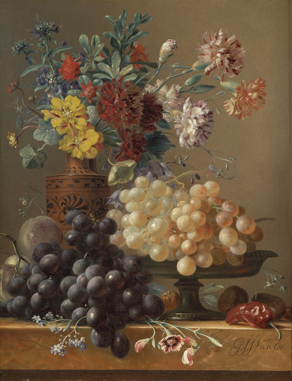 Still-life with Fruit and Flowers in a Greek Vase, vintage artwork by Georgius Jacobus Johannes van Os, 12x8" (A4) Poster
