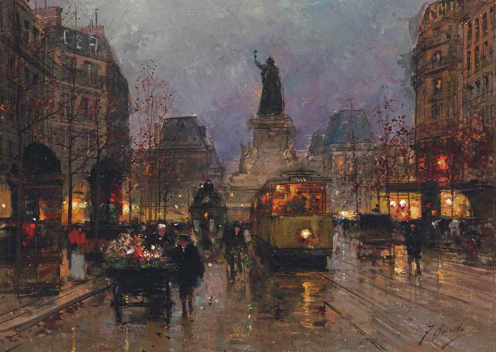 A Flower Seller in the Place de la Republique, Paris, vintage artwork by Fausto Giusto, 12x8" (A4) Poster
