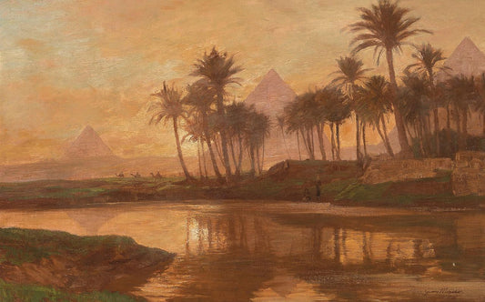Egyptian Landscape with the Pyramids, vintage artwork by Georg Macco, 12x8" (A4) Poster