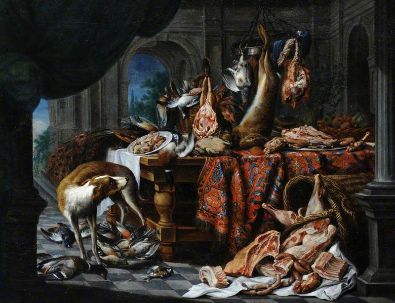 Still Life with Dead Poultry and Fruit, vintage artwork by Pieter Janssens Elinga, 12x8" (A4) Poster