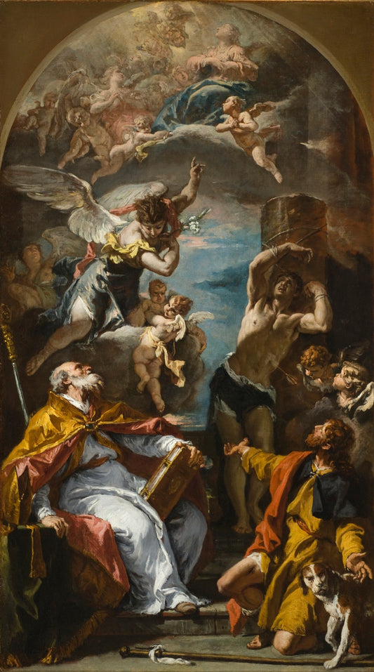 A Glory of the Virgin with the Archangel Gabriel and Saints Eusebius, Roch and Sebastian, vintage artwork by Sebastiano Ricci, 12x8" (A4) Poster