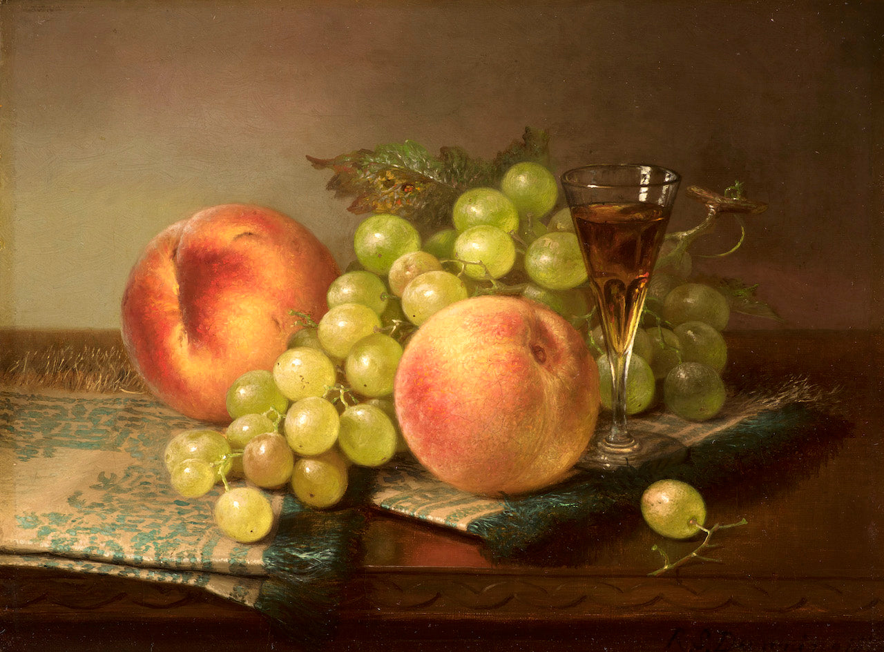 Still Life with Peaches, Grapes, and Wine, vintage artwork by Robert Spear Dunning, 12x8" (A4) Poster