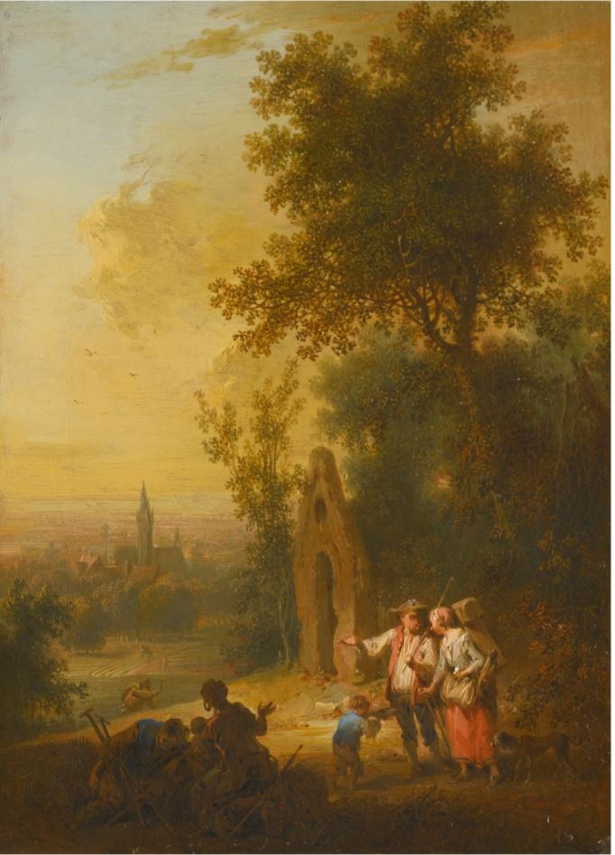 A landscape with travellers outside a town, vintage artwork by Johann Conrad Seekatz, 12x8" (A4) Poster