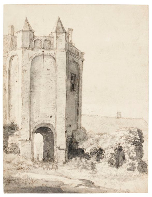 The north toll-gate at Geervliet, in South Holland, with figures driving sheep, vintage artwork by Roelant Roghman, 12x8" (A4) Poster