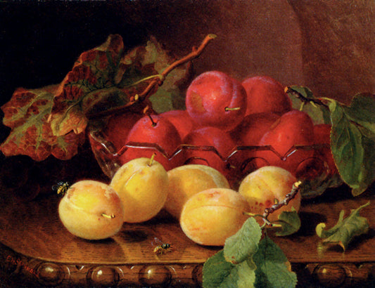 Plums On A Table In A Glass Bowl, vintage artwork by Eloise Harriet Stannard, 12x8" (A4) Poster