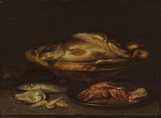 Still Life with Fish and Shellfish, vintage artwork by Attributed to Alexander Adriaenssen, 12x8" (A4) Poster