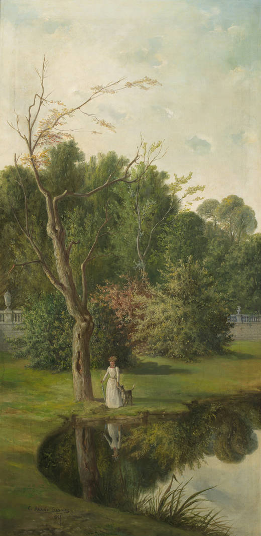 Landscape with a Lady and Dog, vintage artwork by Ceferino Araujo Sánchez, 12x8" (A4) Poster