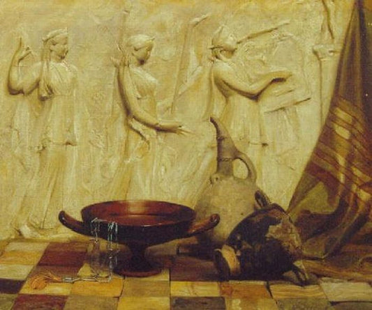 A skyphos, a kylix, a wine jug, and an Egyptian necklace before a Greek frieze, on marble tiles, vintage artwork by Arthur Hacker, 12x8" (A4) Poster