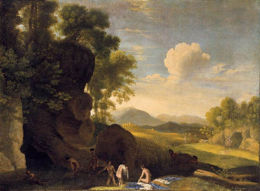 Landscape with Bathing Nymphs, vintage artwork by Herman van Swanevelt, 12x8" (A4) Poster