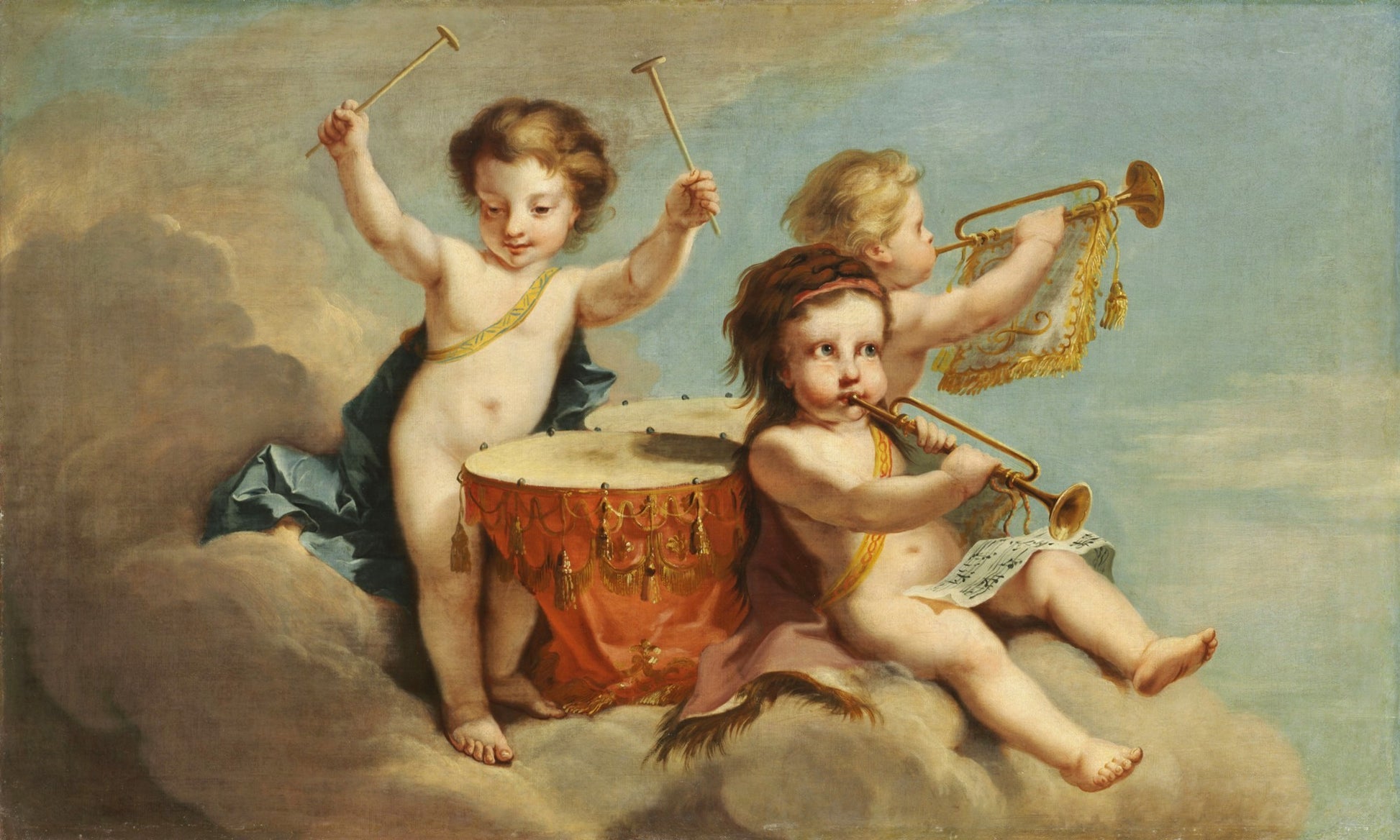 Children Floating on Clouds with Drums and Trumpet, vintage artwork by Johann Heinrich Tischbein the Elder, 12x8" (A4) Poster