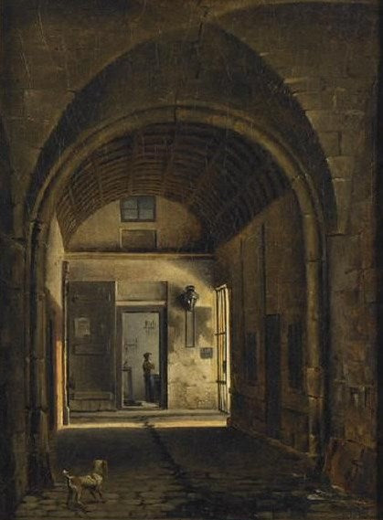 Vue du clôitre de l’eglise Saint-Paul á Paris (View of the Cloister of the Church of St-Paul in Paris), vintage artwork by Étienne Bouhot, 12x8" (A4) Poster