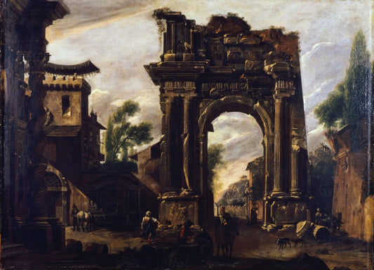 Capriccio with an Arch and Genre Scene, vintage artwork by Viviano Codazzi, 12x8" (A4) Poster