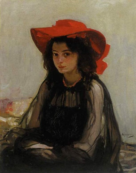 Girl in a Red Hat, vintage artwork by Alexander Murashko, 12x8" (A4) Poster