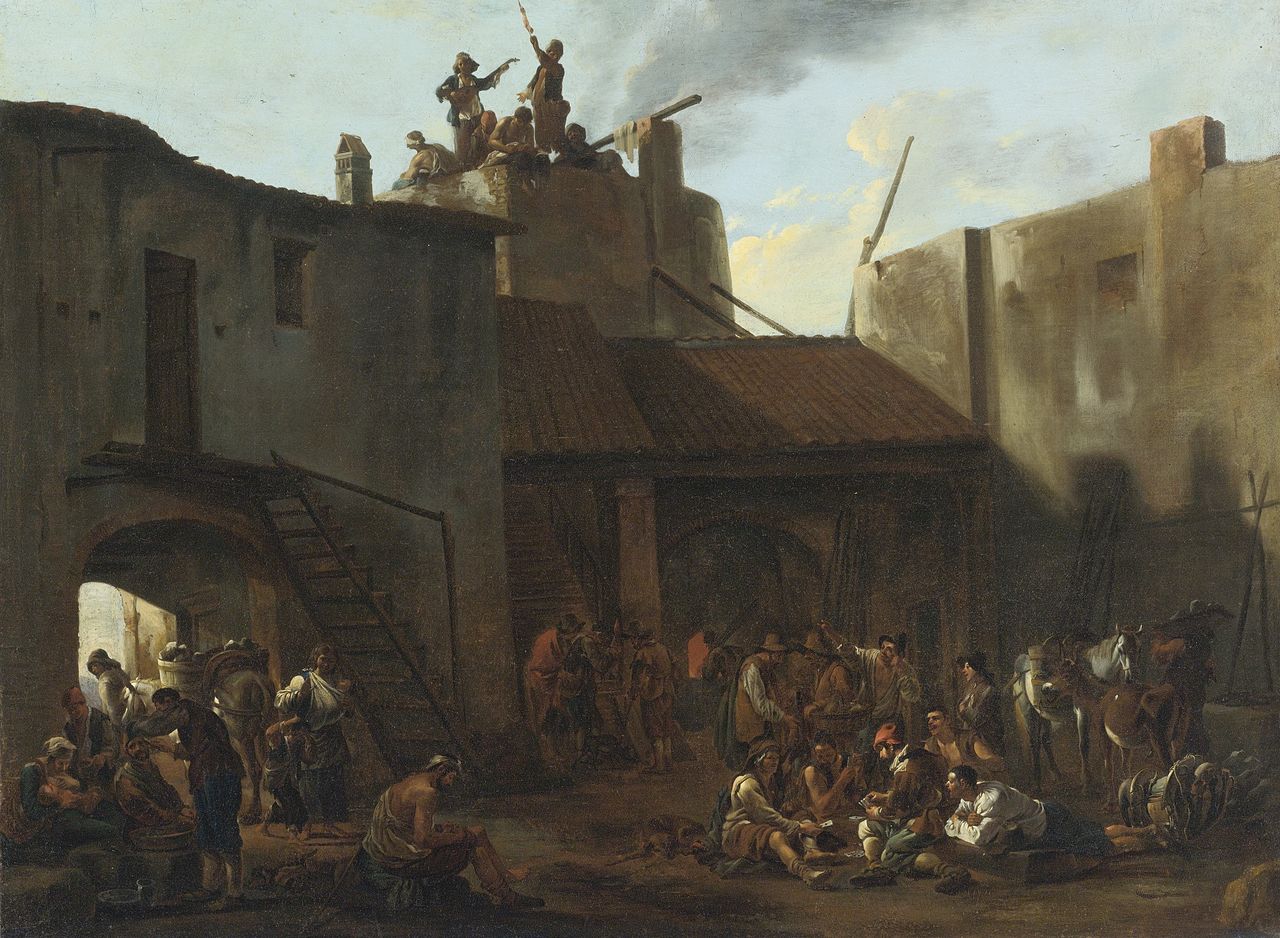 Roman Lime Kiln with Peasants Gamblin, vintage artwork by Jan Miel, 12x8" (A4) Poster