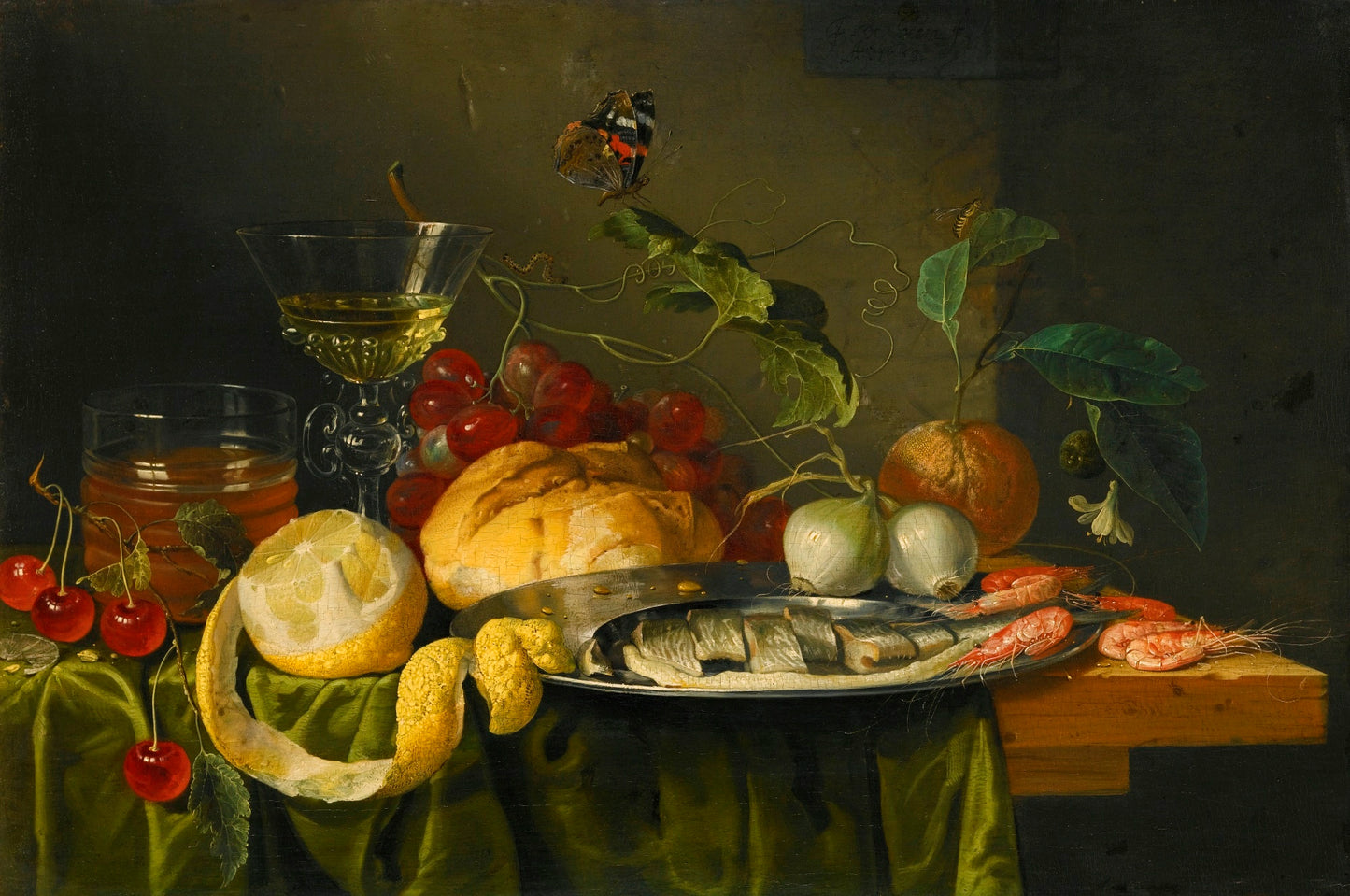 Still life of a Glass of Wine with Grapes, Bread, a Glass of Beer, Fruit, etc., vintage artwork by Jan Davidsz. de Heem, 12x8" (A4) Poster