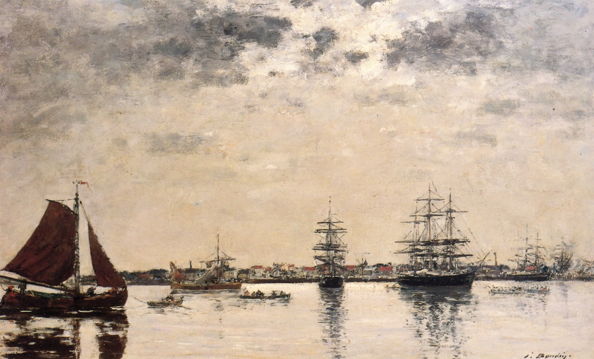 Antwerp, boats on the River Scheldt, vintage artwork by Eugène-Louis Boudin, 12x8" (A4) Poster