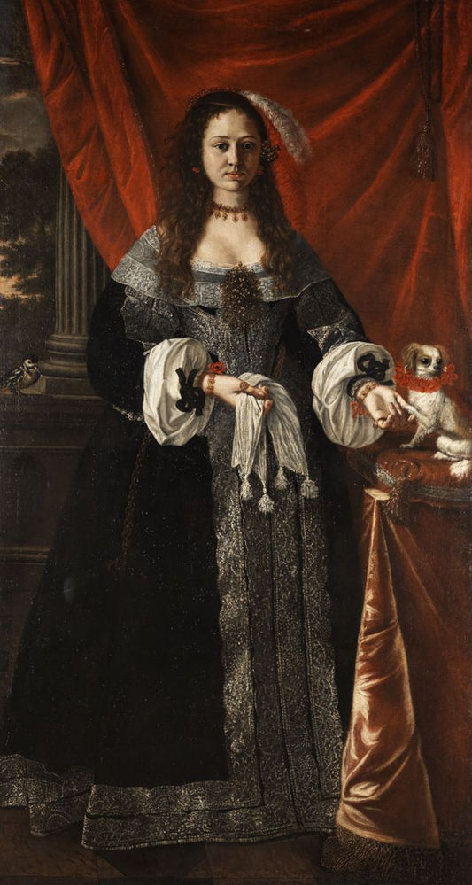 Portrait of a lady with her dog, vintage artwork by Luigi Miradori, 12x8" (A4) Poster