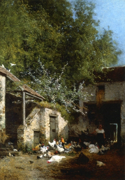 Among the Chickens, vintage artwork by Alexandre Defaux, 12x8" (A4) Poster