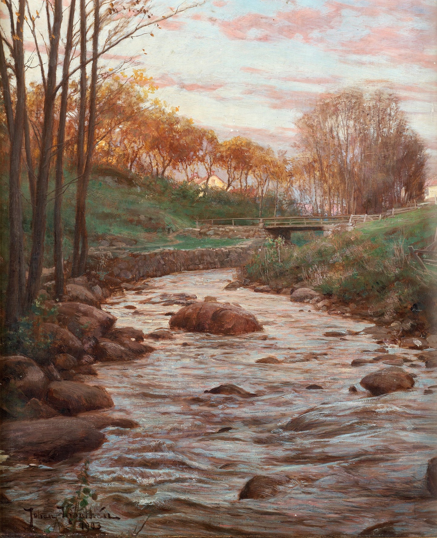 Autumn landscape with bridge over stream, vintage artwork by Johan Krouthen, 12x8" (A4) Poster