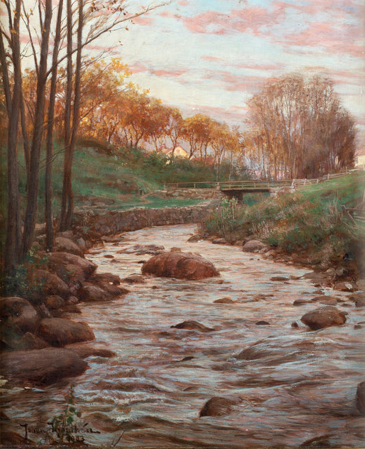Autumn landscape with bridge over stream, vintage artwork by Johan Krouthen, 12x8" (A4) Poster
