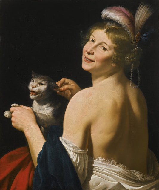 A Young Woman Playing with a Cat, vintage artwork by Jan van Bijlert, 12x8" (A4) Poster