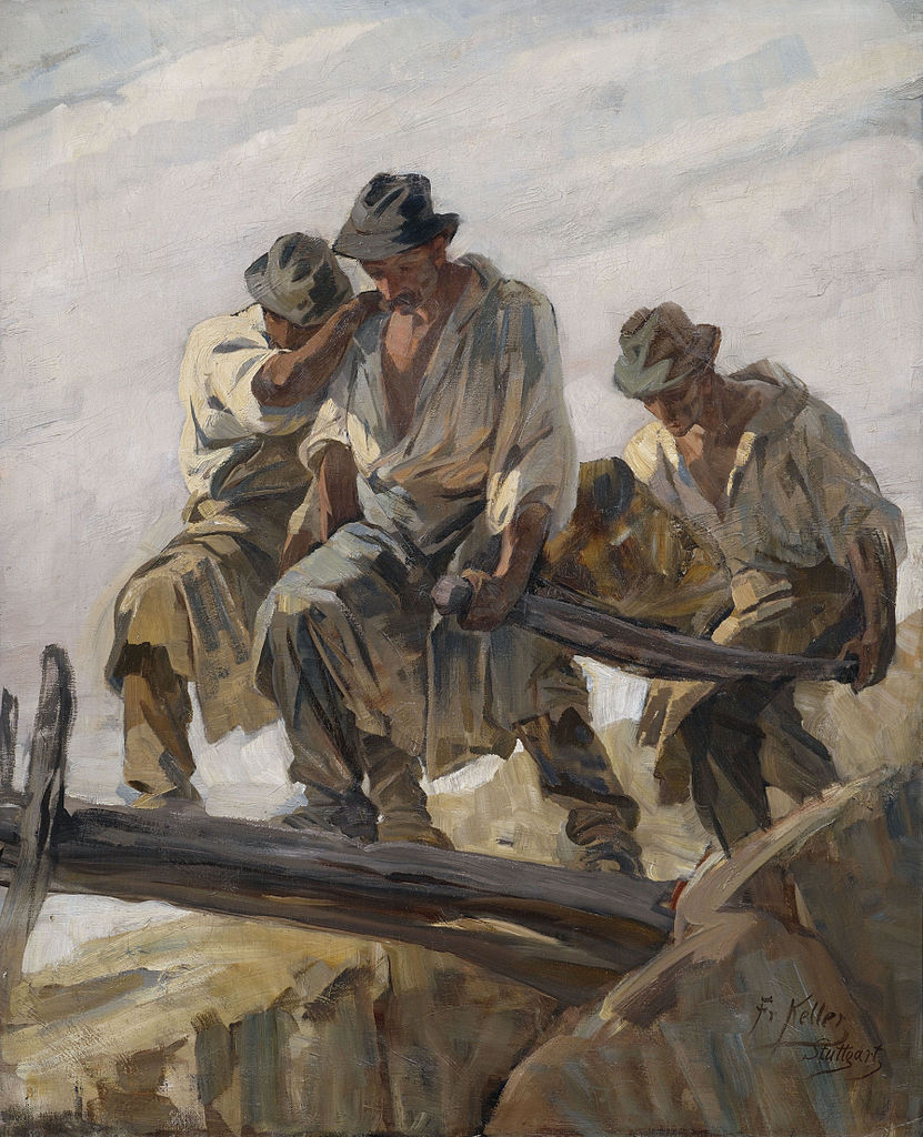 Stonebreakers on a Narrow Bridge, vintage artwork by Friedrich von Keller, 12x8" (A4) Poster