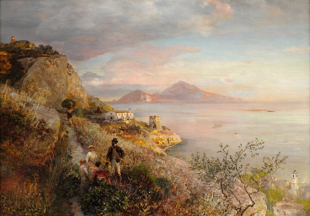 Gulf of Naples with a View of Capri, vintage artwork by Oswald Achenbach, 12x8" (A4) Poster