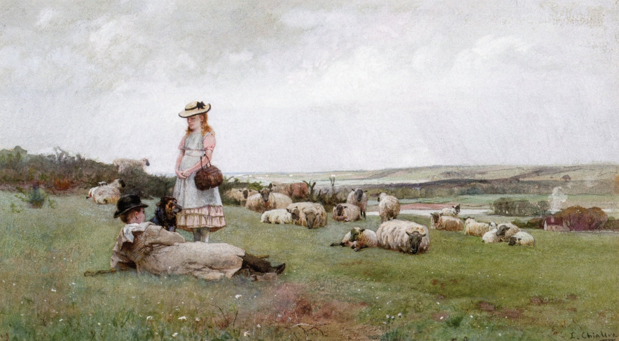 The Young Shepherdesses, vintage artwork by Luigi Chialiva, 12x8" (A4) Poster