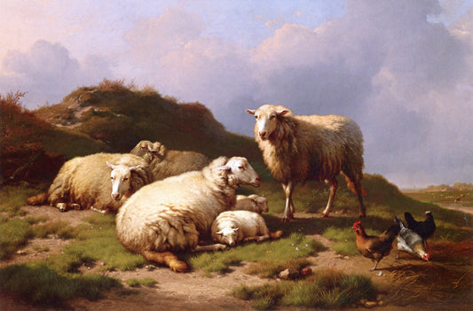 Sheep and Chickens in a Landscape, vintage artwork by Eugene Verboeckhoven, A3 (16x12") Poster Print