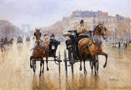 Champs-Élysees Traffic Circle, vintage artwork by Jean-Georges Beraud, 12x8" (A4) Poster