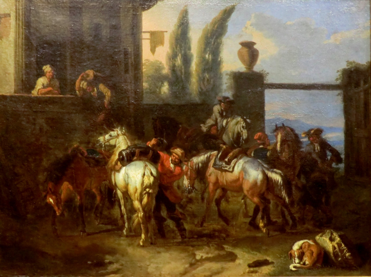 Horsemen in front of an Inn, vintage artwork by Pieter van Bloemen, 12x8" (A4) Poster