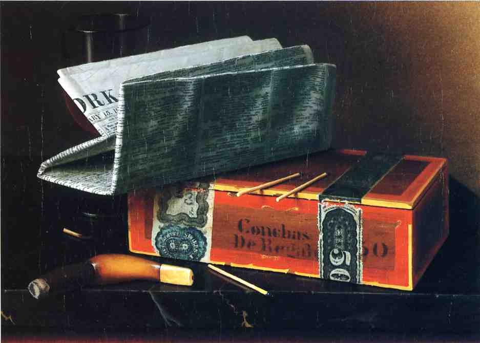 Still Life with Cigar, Pipe, New York Herald and Wine Glass, vintage artwork by William Michael Harnett, 12x8" (A4) Poster