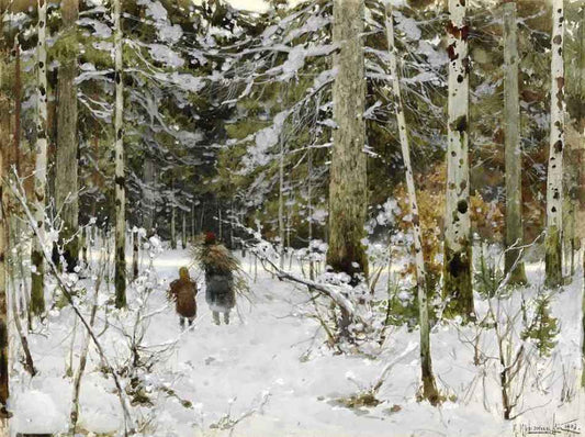 Gathering branches in winter, vintage artwork by Konstantin Kryzhitsky, 12x8" (A4) Poster