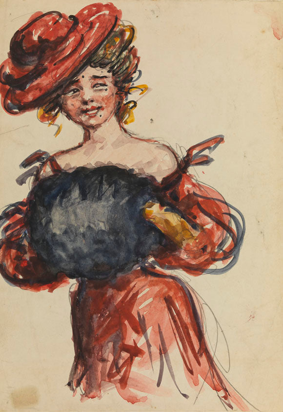 Lady in Read Holding Muff, vintage artwork by Thomas P. Anshutz, 12x8" (A4) Poster