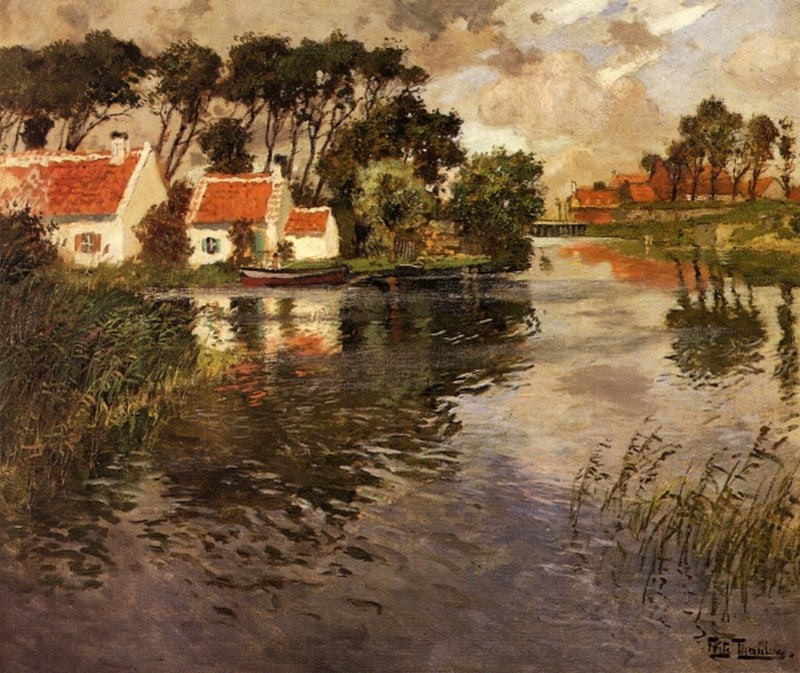 Cottages by  a River, vintage artwork by Fritz Thaulow, 12x8" (A4) Poster