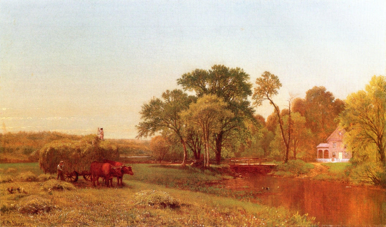 Farm Scene with Hay Wain, Granby , Connecticut, vintage artwork by Aaron Draper Shattuck, 12x8" (A4) Poster