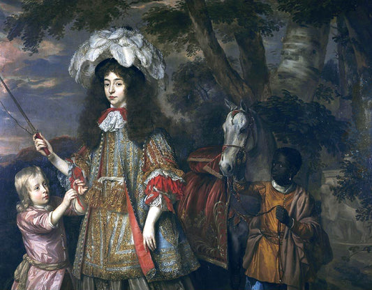 Portrait of Maria of Orange with Hendrik van Zuijlestein and a servant, vintage artwork by Jan Mijtens, 12x8" (A4) Poster